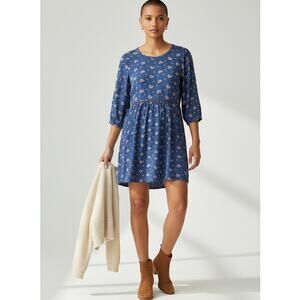 Boden Blue Maple Leaf Print Dress Long Sleeve Pockets Size 8R